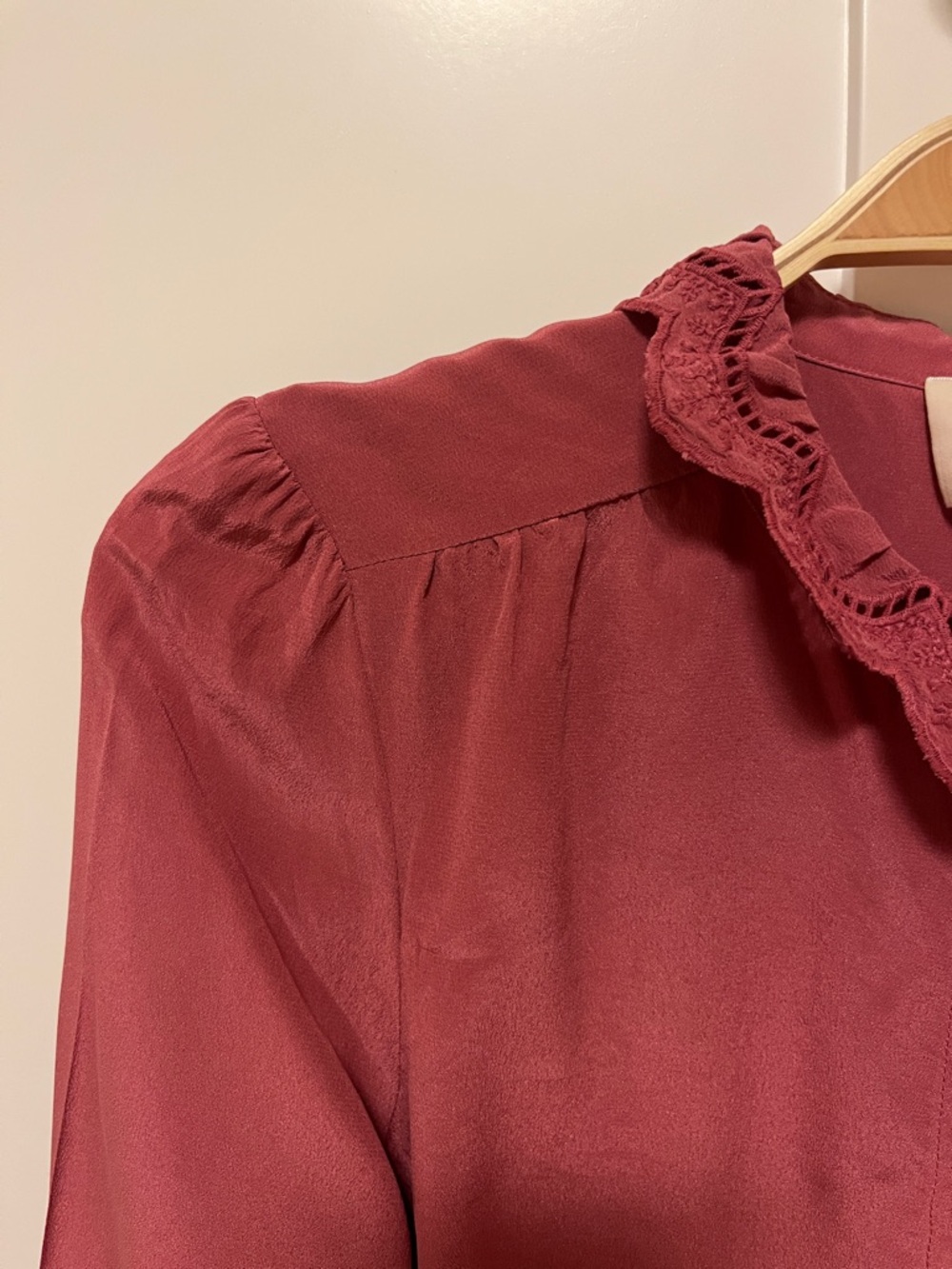 Sezane Ruffled Front Button-Up Blouse in Rosewood - Picture 4 of 7